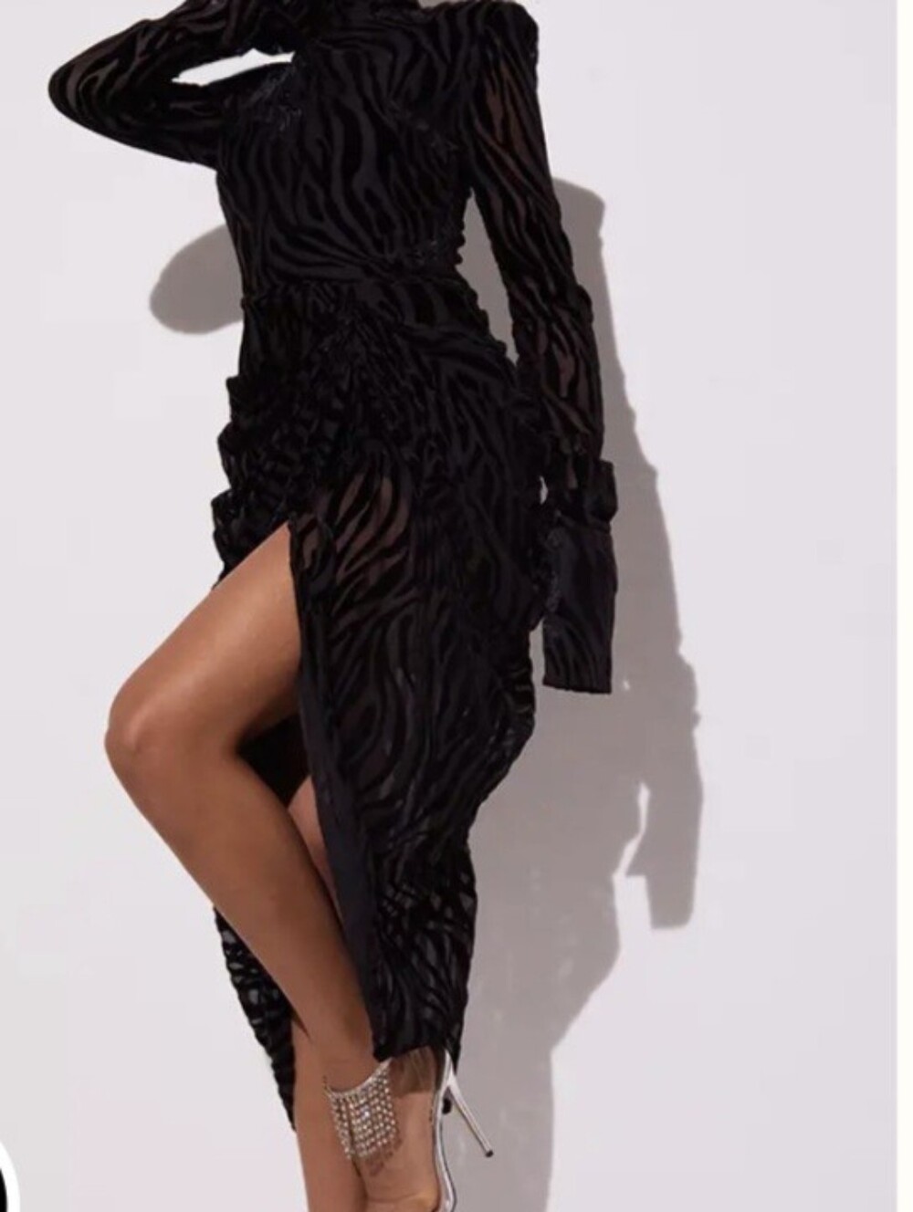 PrettyLittleThing Black Long Sleeve Zebra Burnout Midi Dress